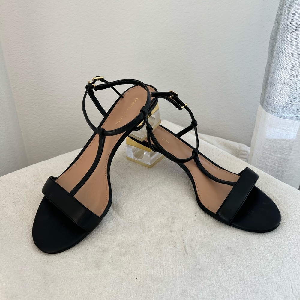 Charles & Keith Black Strappy Sandals with Gold and clear Heel - Picture 2 of 7